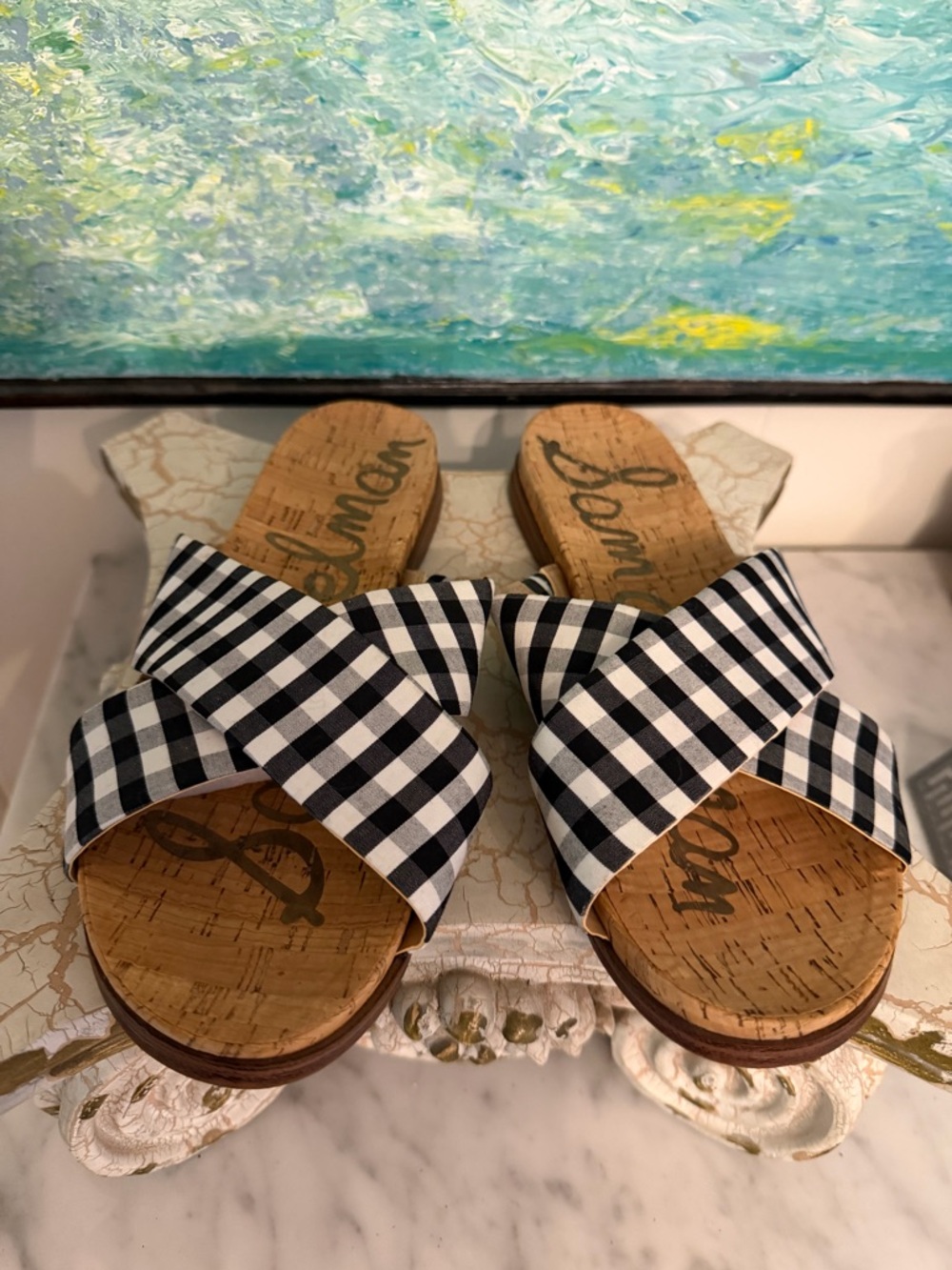 Sam Edelman Plaid Crisscross Cork Slide Sandals - Black and White
